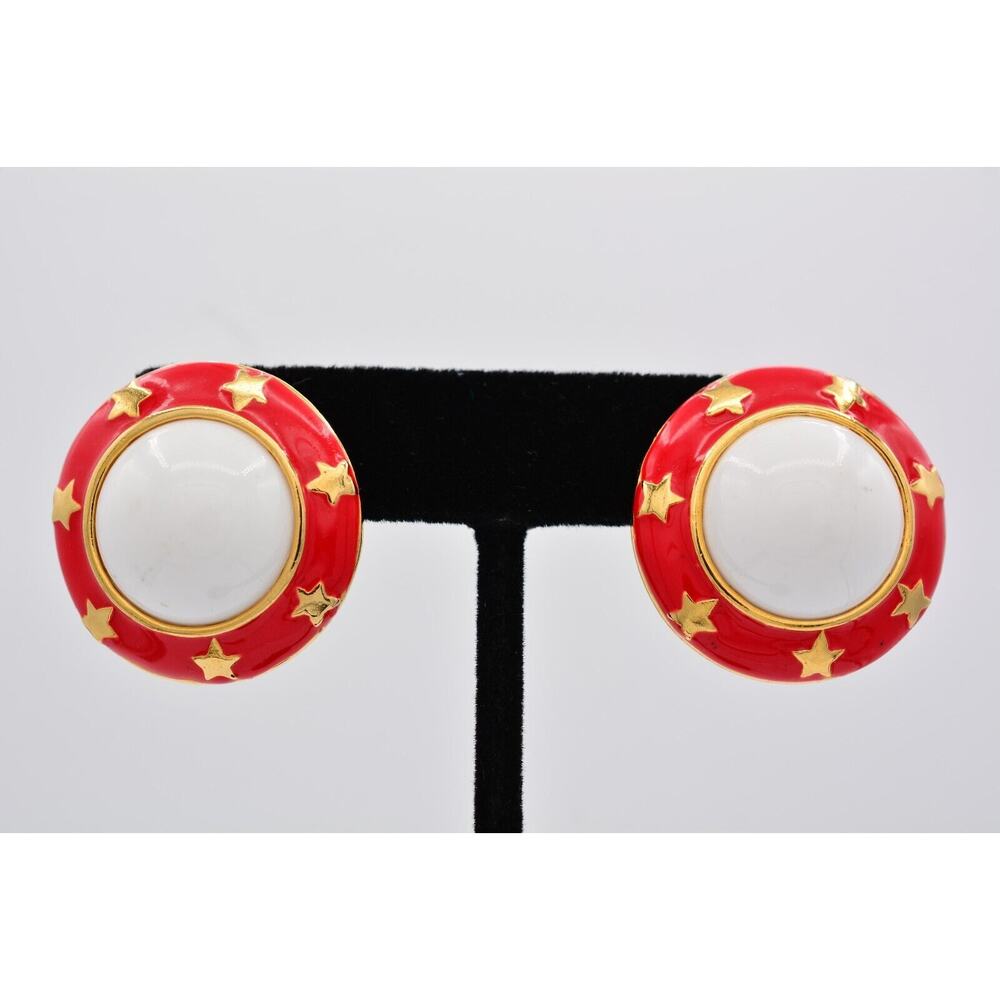 Vintage Star Round Earrings Red Enamel Gold White Cabochon Heavy Chunky BinAZ